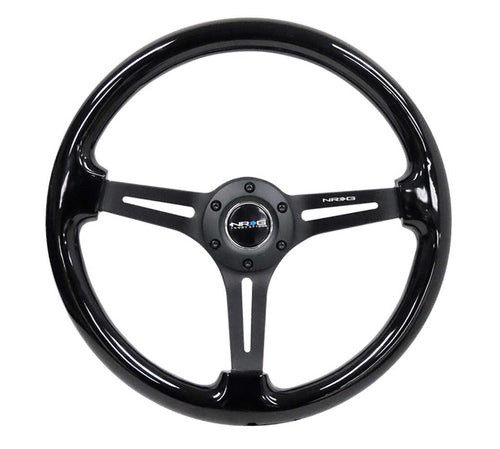 NRG Innovations Reinforced NRG-RST-018BK-BK Classic Wood Grain Steering Wheel, 75mm, 350mm, 3 Spoke Slotted Center Black With Black Painted Wood/Black Painted, Double Riveted Spokes + Horn