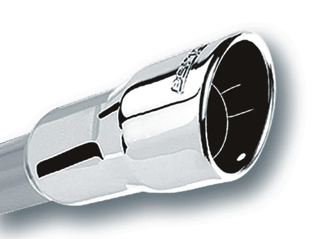 BORLA Exhaust Tip 3" Inlet - 4.25" Single Round Rolled-Edge Angle-Cut Intercooled Outlet - 4" Long Tip Embossed With BORLA Logo. Weld On Mounting Method.