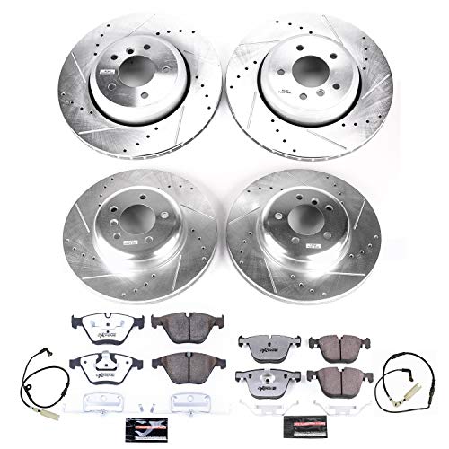 Power Stop K2877-26 Z26 Carbon Fiber Brake Pads Front and Rear with Drilled & Slotted Brake Rotors Kit and 1 Front & 1 Rear Sensor Wires For 535i, 545i, 550i, 645Ci, 650i [Model Specific]