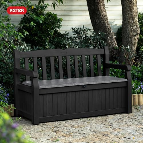 Keter 70 Gallon Solana Storage Bench Deck Box for Patio Storage, Front Porch Decor and Outdoor Seating – Perfect to Store Garden Tools and Pool Floats, Graphite