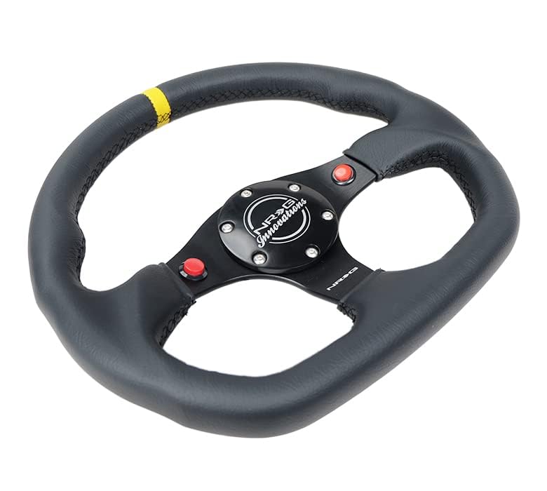 NRG Innovations Reinforced NRG-RST-024D-MB-R-Y Steering Wheel 320mm Sport Leather Dual Push Buttons Flat Bottom with Yellow Center Mark