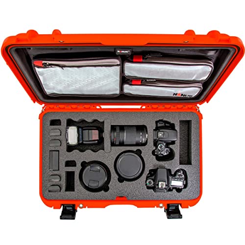 Waterproof Nanuk 935 Hard Case with Lid Organizer and Foam Insert for Canon, Nikon - 2 DSLR Body and Lens/Lenses - Orange