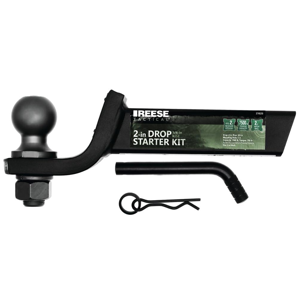 Reese Tactical Trailer Hitch Ball Mount Starter Kit 21620, Fits 2 Inch Square Receiver, 2 Inch Drop, 7,500 lbs. Capacity, Includes 2 Inch Trailer Ball and Pin & Clip