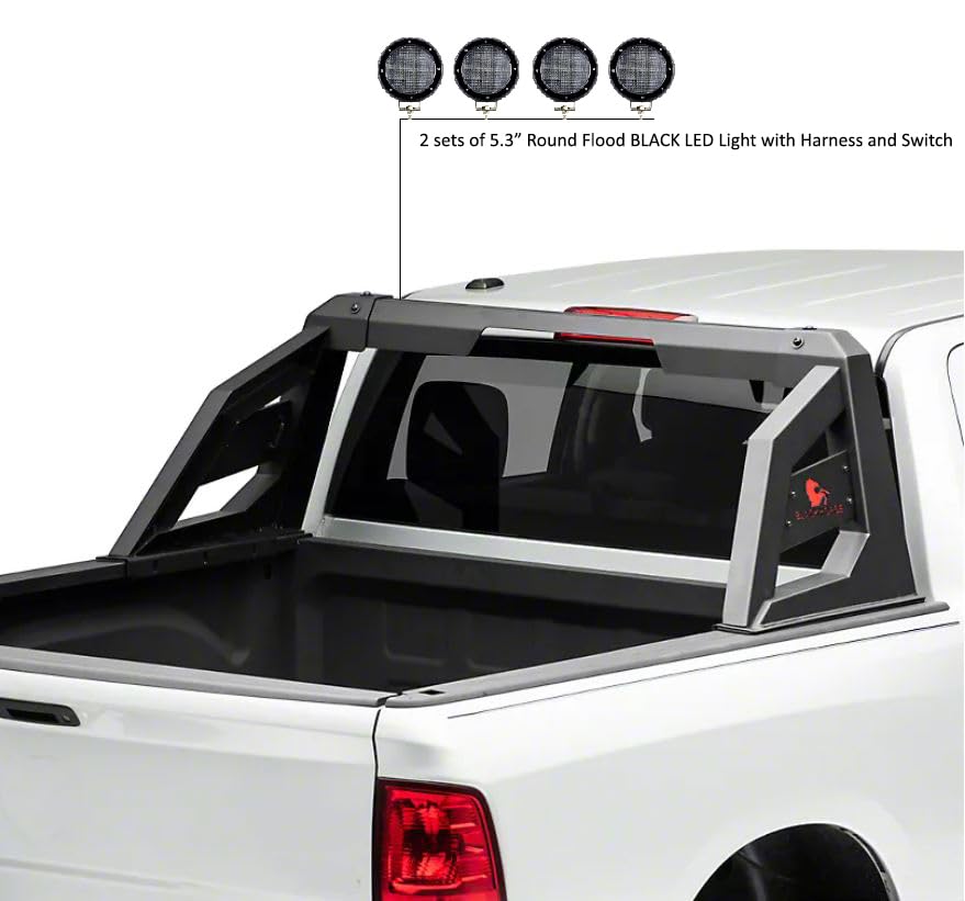 Roll Bar Black Horse Armour Incl. Set of 5.3" Dia.Led Lights,Black Compatible with 01-06 Chevrolet Silverado 3500|07-22 Chevrolet Silverado 3500 HD/GMC Sierra 3500 HD|07-24 Toyota Tundra