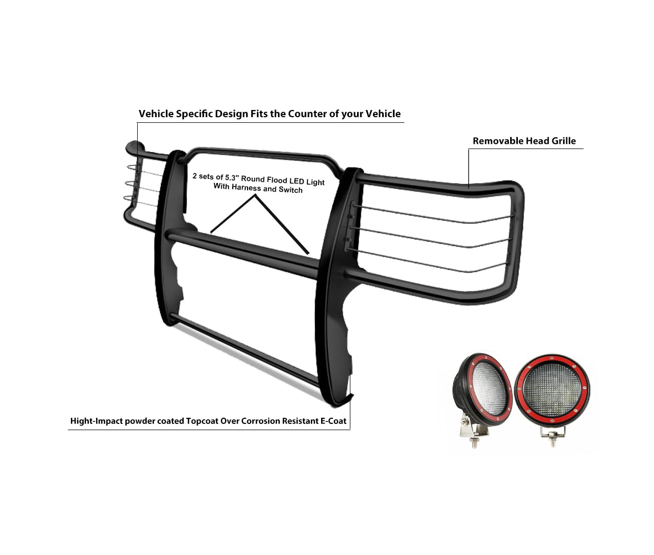Bumper Guard Modular Black Black Horse Grille brush Come With Pair of 5.3" Dia.LED Lights with Red Trim Rings Compatible with 2003-2009 Lexus GX470|2003-2009 Toyota 4Runner-17TU26MA-PLFR