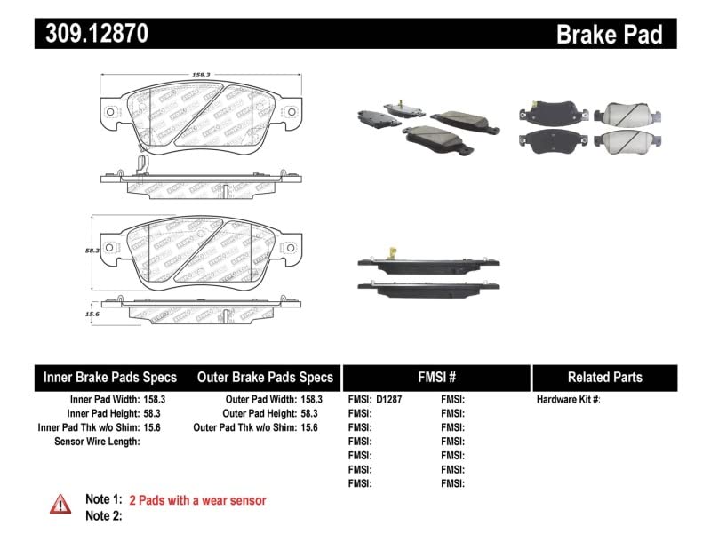 Sport Brake Pads StopTech 309.12870 with Shims and Hardware