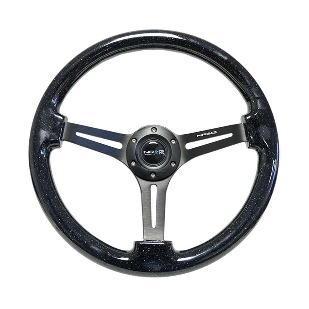 NRG Innovations Reinforced NRG-RST-018BSB-BK Classic Wood Grain Wheel, 350mm, 3 Spoke Slotted Center Black Matte Color with Black Multi Color Flake Wood