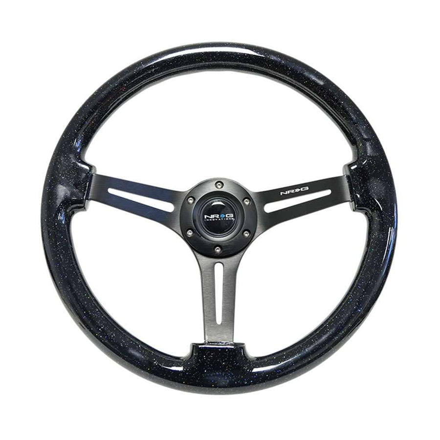 NRG Innovations Reinforced NRG-RST-018BSB-BK Classic Wood Grain Wheel, 350mm, 3 Spoke Slotted Center Black Matte Color with Black Multi Color Flake Wood