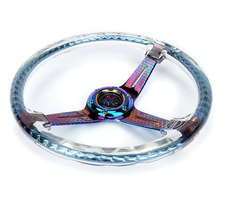 NRG Innovations Reinforced Steering Wheel NRG-RST-027GM-CL 350mm 2" Deep Dish Clear Acrylic Steering Wheel in Clear and Geometric NeoChrome Spoke Finish with Slits