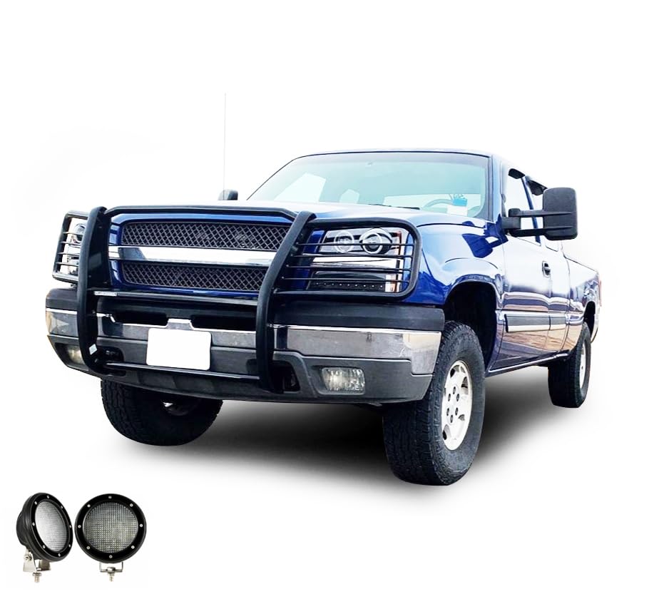 Grille Brush Black Horse Bumper Guard Modular Come with Pair of 5.3" LED Lights with Black Trim Rings Compatible with 2003-2006 Silverado 1500|2007 Silverado 1500 HD Classic-17GT25MA-PLFB
