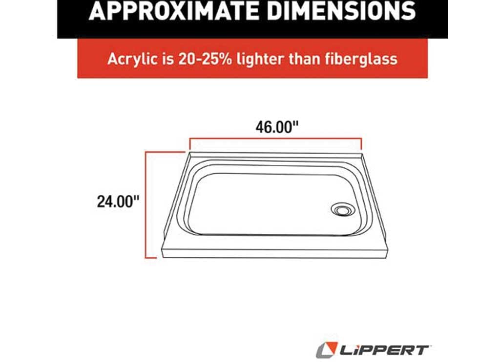24" x 46" Lippert Replacement White Shower Pan with Right Drain for RVs, Manufactured Homes, Travel Trailers, 5th Wheels, and Motorhomes - 210383