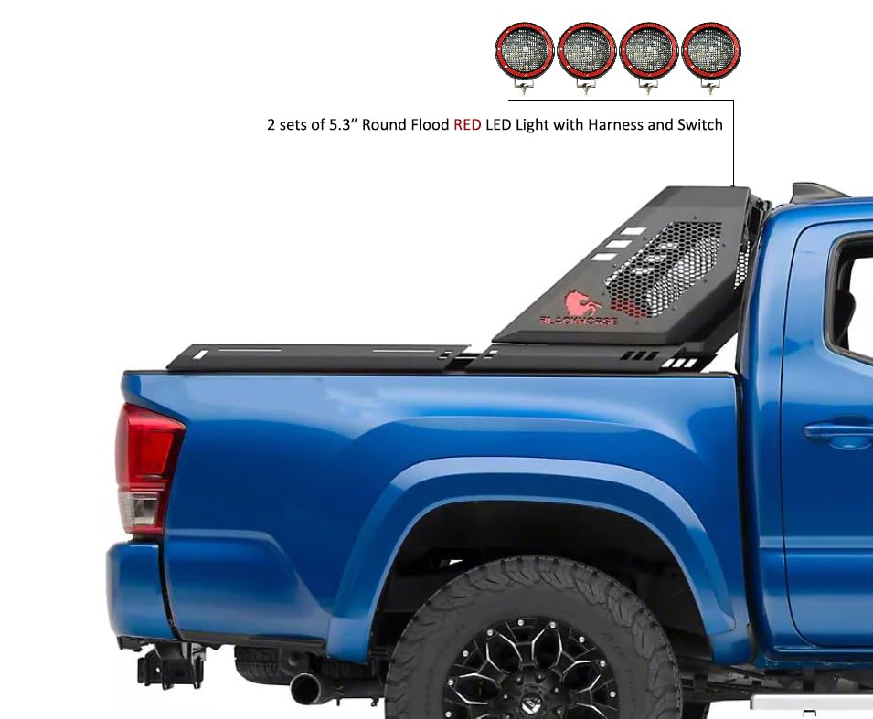 Vigor Roll Bar Black Horse Incl. Set of 5.3" Dia.Led Lights w/Red Trim Rings Modular Black Compatible with 2005-2024 Toyota Tacoma-VIRB06B-PLFR