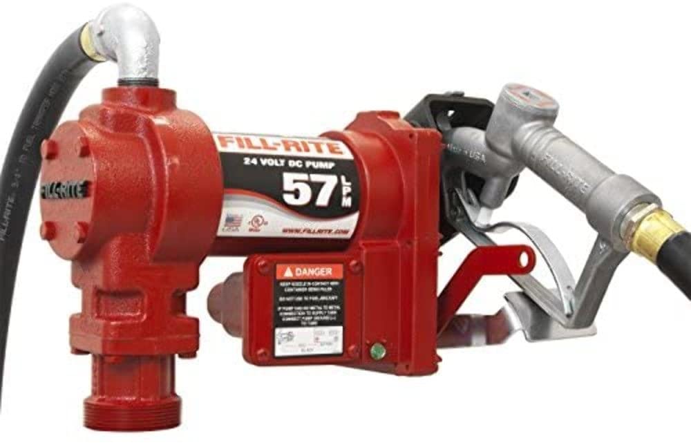 Fill-Rite 24V DC Pump FR2410GEA, Suction Pipe, 3/4"x12' Hose, 3/4" Automatic Nozzle - All NPT Threads
