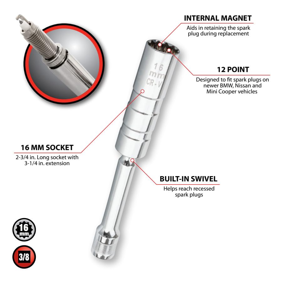 12 Point Performance Tool W80543 Mag Spark Plug Socket - 3/8" Drive, 16 mm Size, Swivel Design for Easy Access
