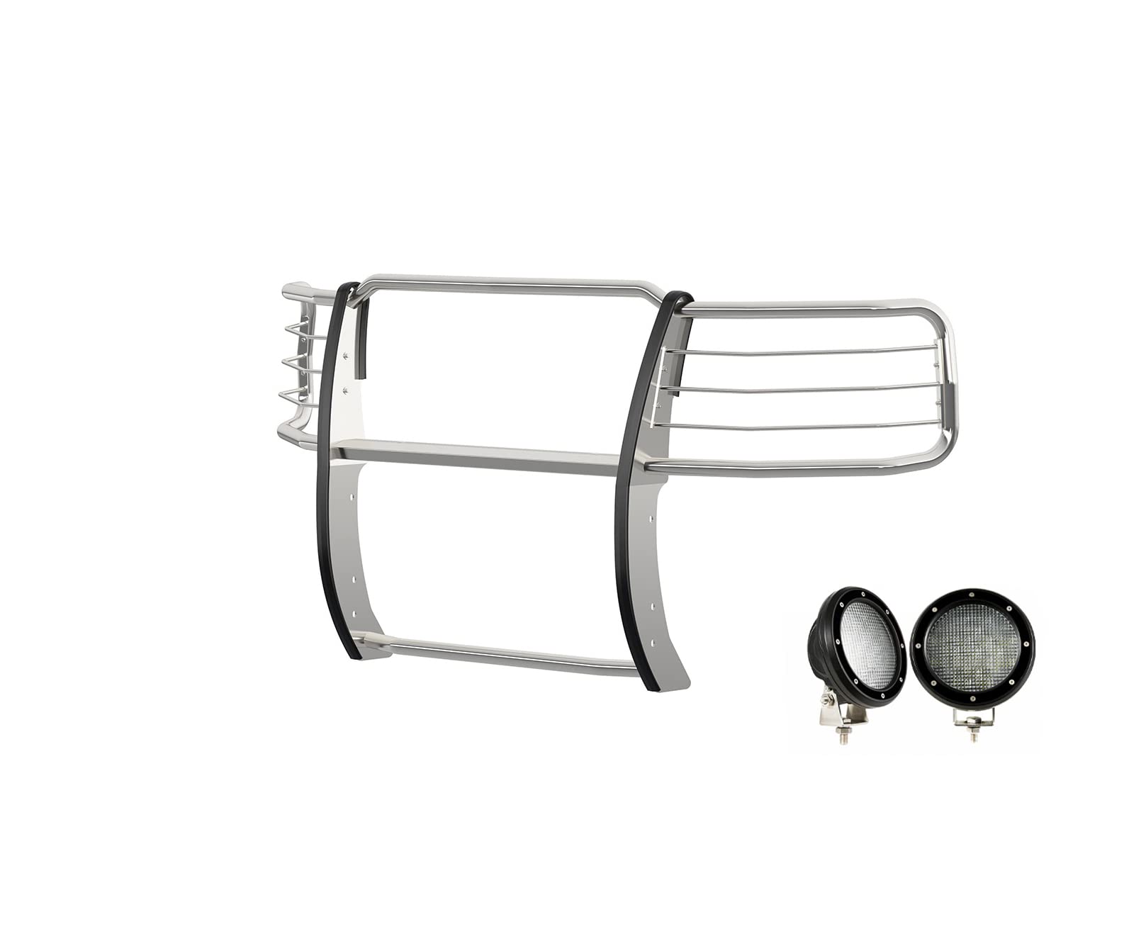 Bumper Guard Modular Black Horse Grille brush Stainless Steel Come with Pair of 5.3" Dia.LED Lights with Black Trim Rings Compatible with 2014-2018 Chevrolet Silverado 1500-17GT27MSS-PLFB