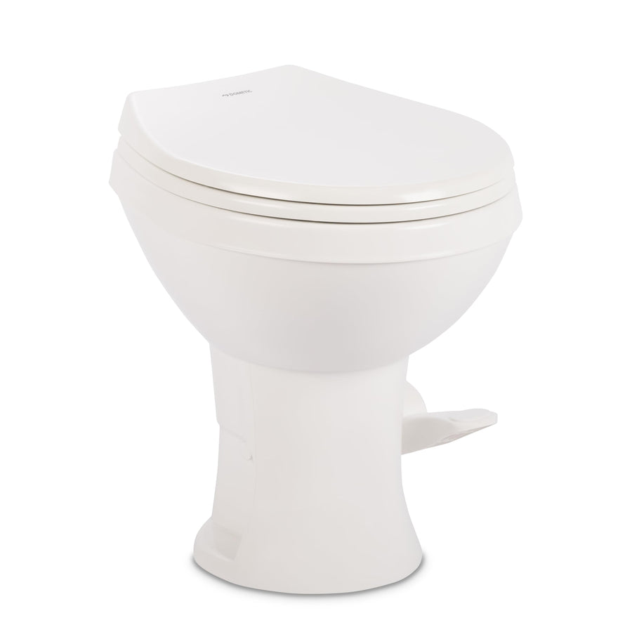 Dometic 400 Model Essential RV Toilet – Round Lightweight Plastic Bowl, Universal Fit & 2-Bolt Mount, 18" Chair Height Residential Style, Gravity Flush Toilet with Soft-Close Seat, White (9610008275)