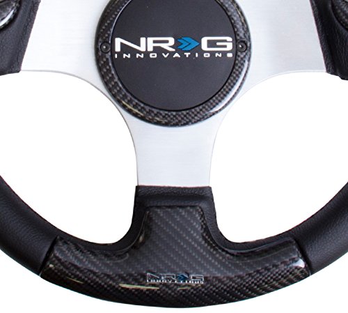 NRG Innovations Carbon Fiber Steering Wheel NRG-ST-014CFSL 350mm, Silver Frame Black Stitching with Rubber Cover Horn Button