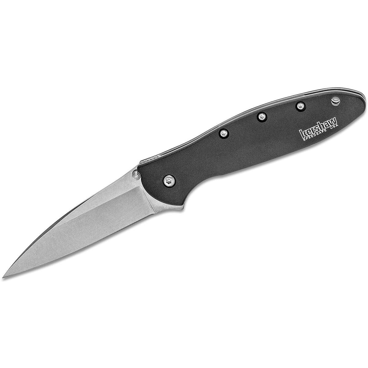 Kershaw Leek, Pocket Knife Stonewashed (1660SWBLK) 3 Stonewashed High-Performance Sandvik 14C28N Steel Blade, Black Anodized Aluminum Handle, SpeedSafe Assisted Opening, Liner and Tip Lock; 2.4 OZ