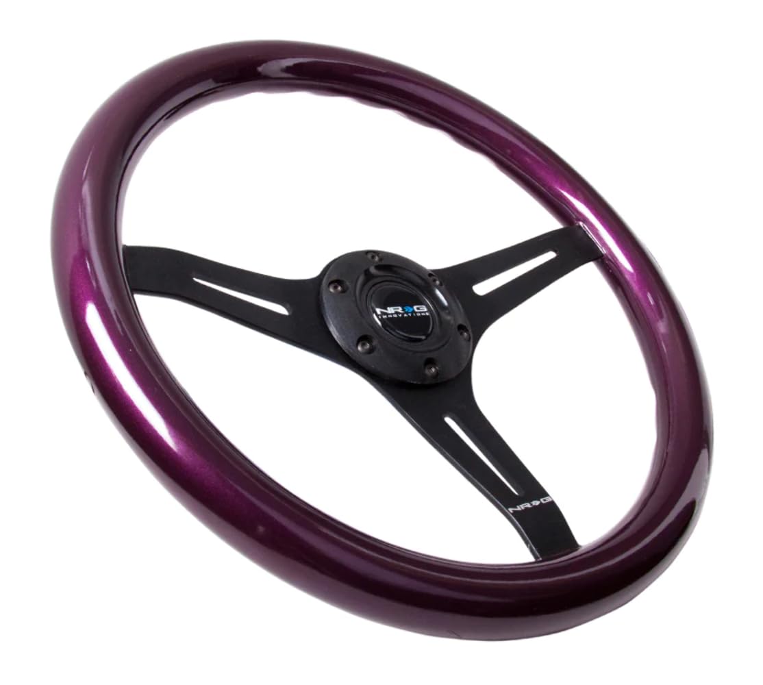 NRG Innovations Steering Wheel NRG-ST-015BK-PP - 350mm 25mm Deep Configuration, Classic Wood Purple Grain Wheel, 3 Black Spoke, Purple Pearl/Flake Paint