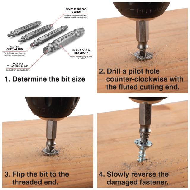 W491 Performance Tool X-Trax Screw Remover Set (4 Pieces) - Removes Stripped or Broken Screws, Dual Tips, Hardened Alloy