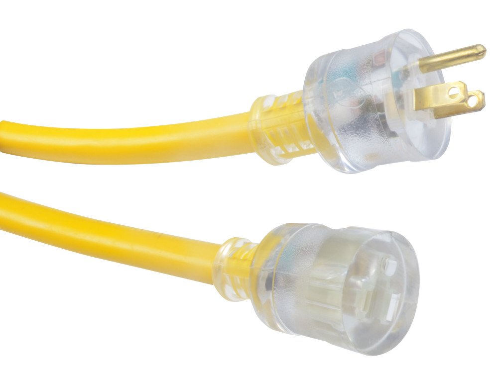 Extra Heavy Duty Southwire Extension Cord, 25Ft, 10 Gauge, 3 Conductor, Outdoor Cord, Lighted End, SJTW, Yellow, 2687SW0002