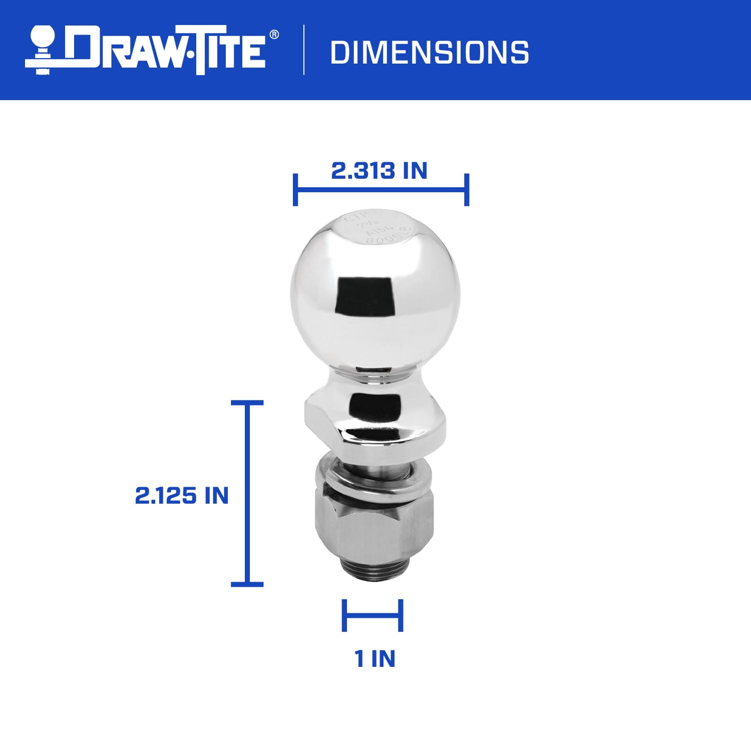 Trailer Hitch Ball Draw-Tite 63853, 2-5/16 Inch Diameter, 6,000 lbs. Capacity, 1 Inch Shank Diameter, 2-1/8 Inch Shank Length, Stainless Steel