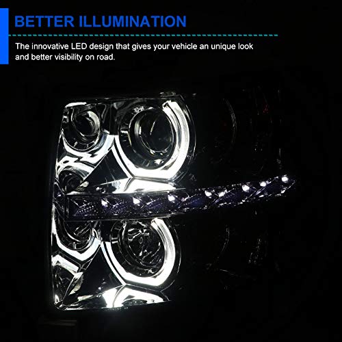 Smoke Halo Projector Headlights SPEC-D TUNING w/LED Compatible with 2007-2013 Chevy Silverado 1500, 2007-2014 Chevy Silverado 2500HD/3500HD, Left + Right Pair Headlamps Assembly