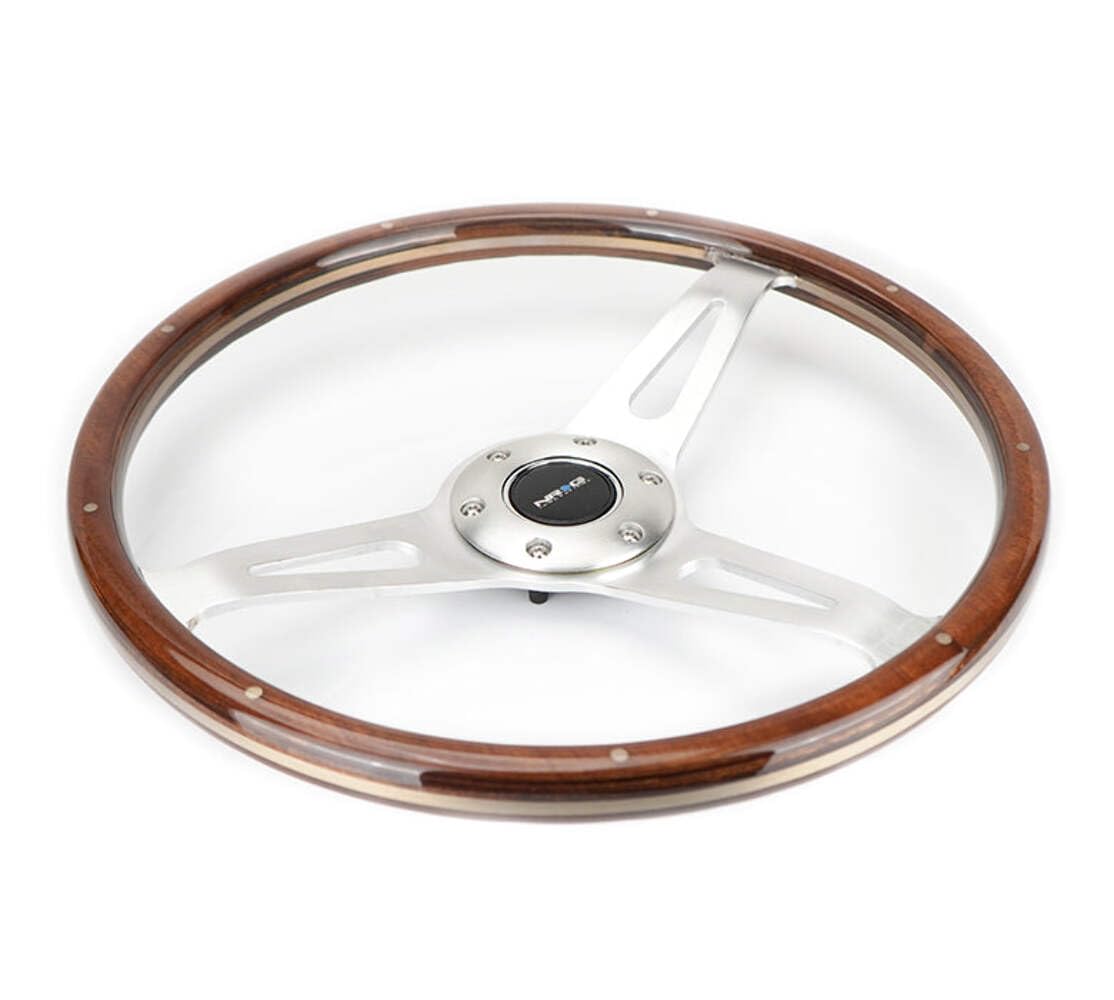 NRG Innovations Steering Wheel NRG-ST-065 - Classic Wood Grain Wheel, 380mm, 3 Spoke Center in Polished Aluminum, Wood with Metal Accents