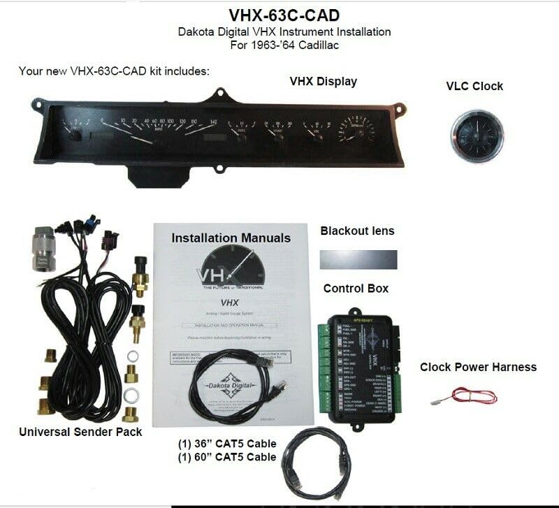 VHX-63C-CAD-K-W Dakota Digital Compatible with 1963-64 Cadillac Car VHX Gauge Instrument System Black Alloy White Backlighting