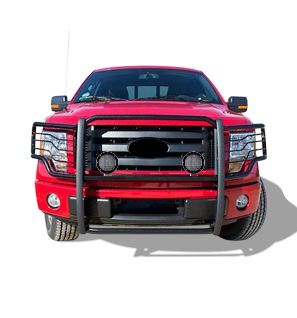 Bumper Guard Modular Black Horse Grille brush Come with Pair of 5.3" Dia.LED Lights with Black Trim Rings Compatible with 2009-2014 Ford F-150-17FP30MA-PLFB