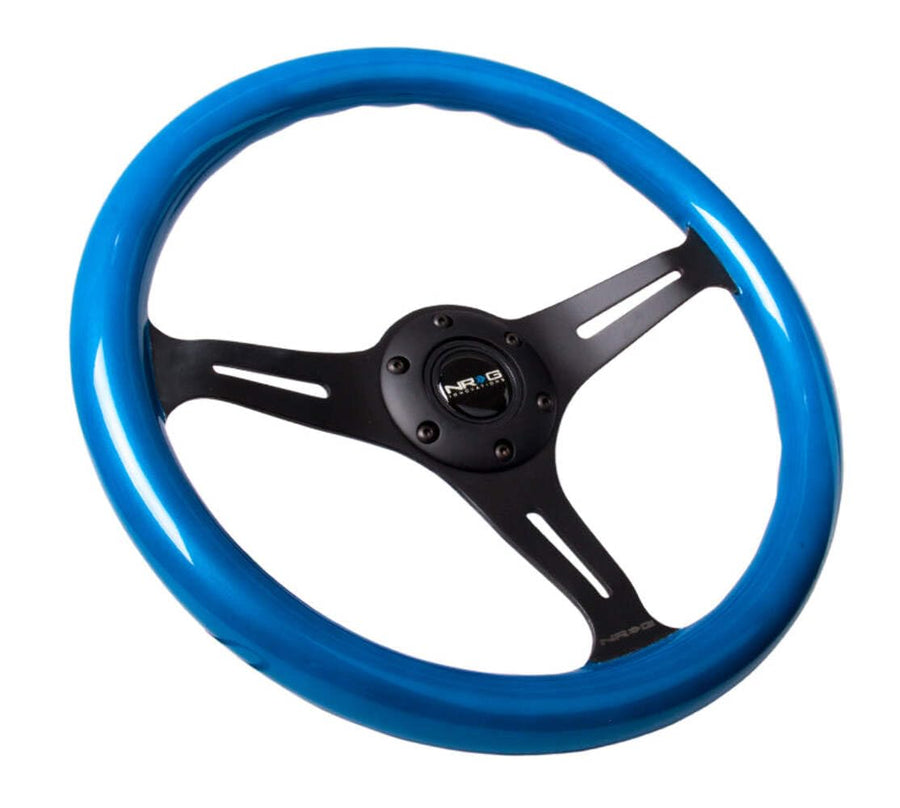 NRG Innovations Steering Wheel NRG-ST-015BK-BL - 350mm - 25mm Deep Configuration, Classic Wood Grain Wheel 3 Black Spokes Blue Pearl/Flake paint/Black Center
