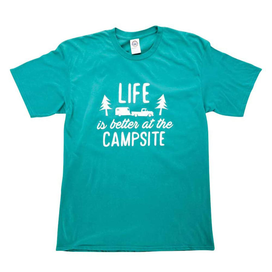 Camco Crew Neck Life is Better at The Campsite Short Sleeve T-Shirt | Features a Comfortable Non-Restrictive Fit, RV/Camping Design on Teal, and is Machine Washable | Small (53217)