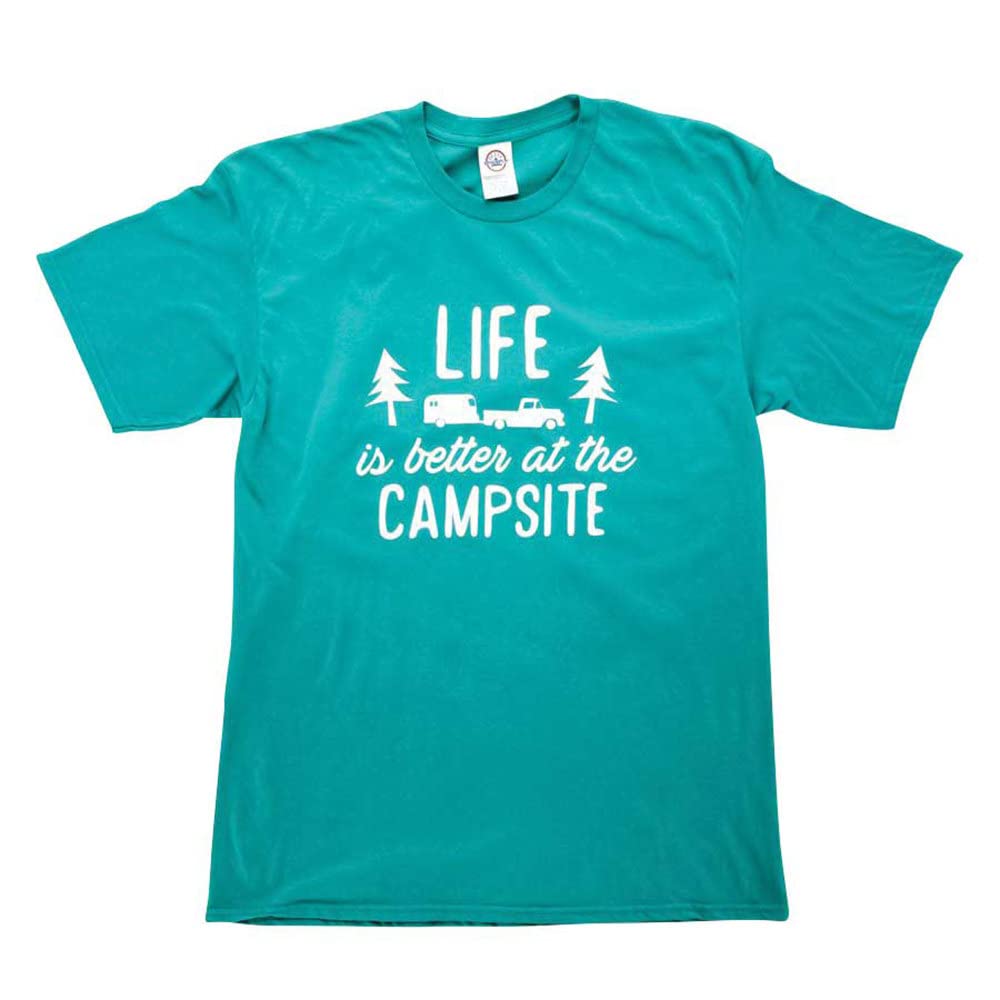 Camco Crew Neck Life is Better at The Campsite Short Sleeve T-Shirt | Features a Comfortable Non-Restrictive Fit, RV/Camping Design on Teal, and is Machine Washable | X-Large (53220)