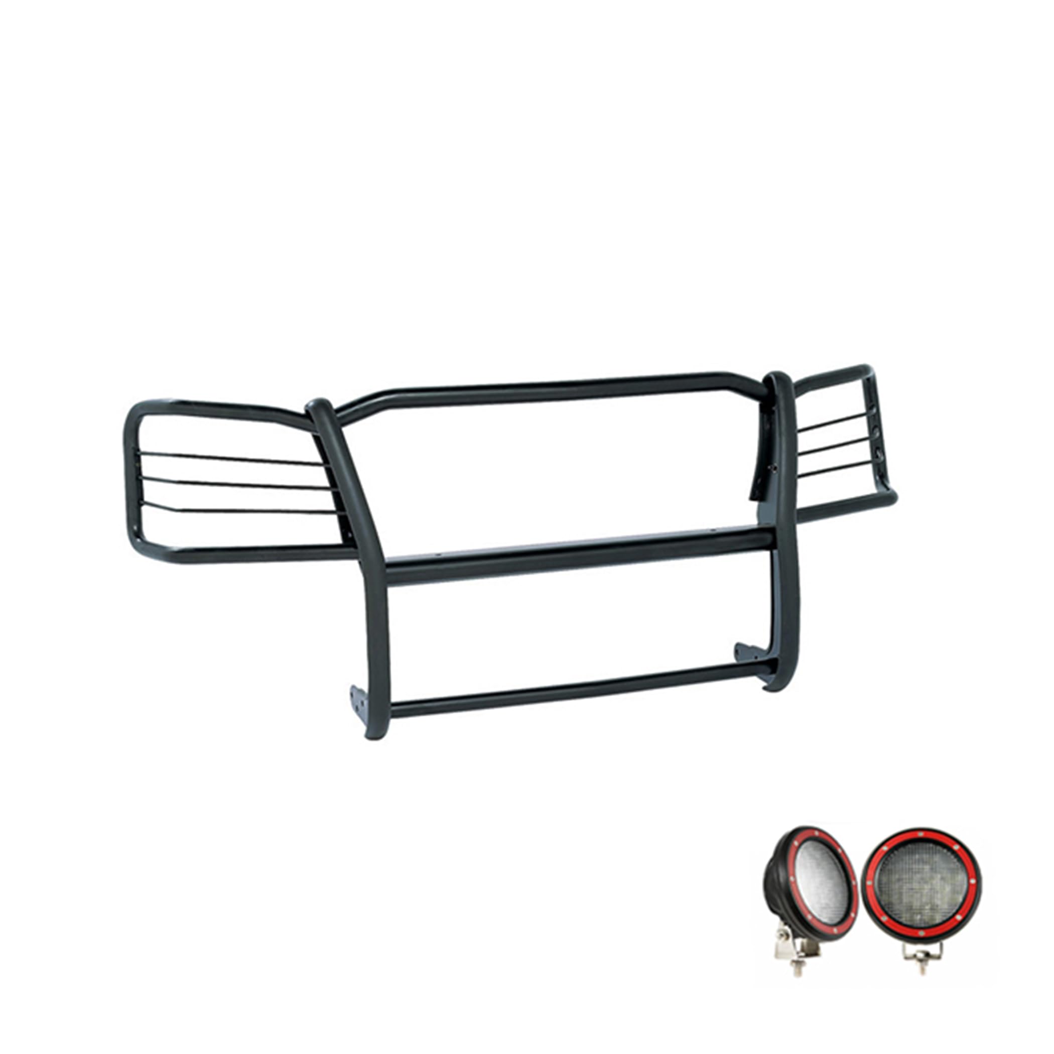 Grille Brush Black Horse Bumper Guard Modular Come with Pair of 5.3" Dia.LED Lights with Red Trim Rings Compatible with 1998-2004 Chevrolet S-10 Blazer-17A030200MA-PLFR