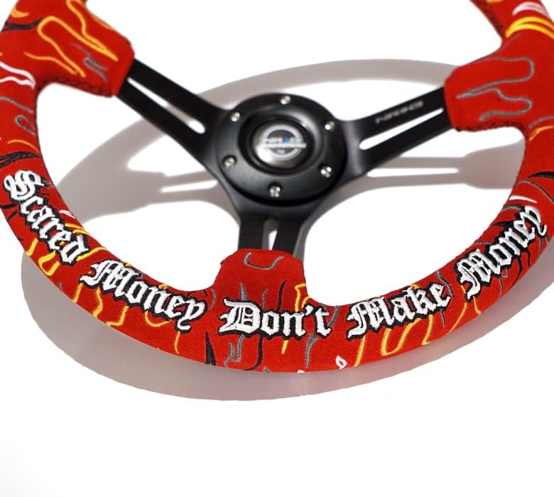 NRG Innovations Reinforced Steering Wheel NRG-RST-018MB-RLR, 3" Deep, 5 mm Black Spoke with Slit Spokes, Red Alcantara, Red Stitching