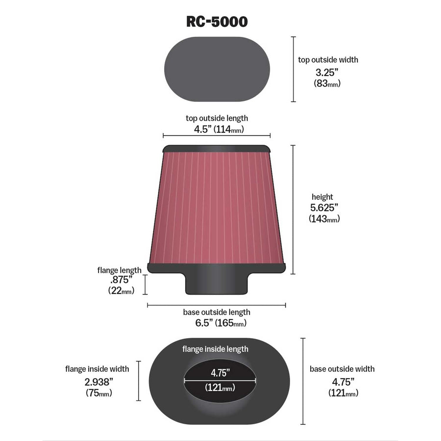 K&N Original High-Flow Lifetime Universal Clamp-On Air Filter: High Performance, Washable, Replacement Engine Filter: Filter Height: 5.625 In, Flange Length: 0.875 In, Shape: Oval Straight, RC-5000