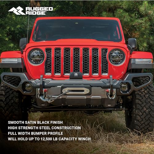 Venator Rugged Ridge Bumper, Front for Jeep Wrangler/Gladiator | Full Width w/Overrider & Winch Tray, Steel, Black | 11549.41 | Fits 2018-2025 Jeep Wrangler JL; 2020-2025 Jeep Gladiator JT