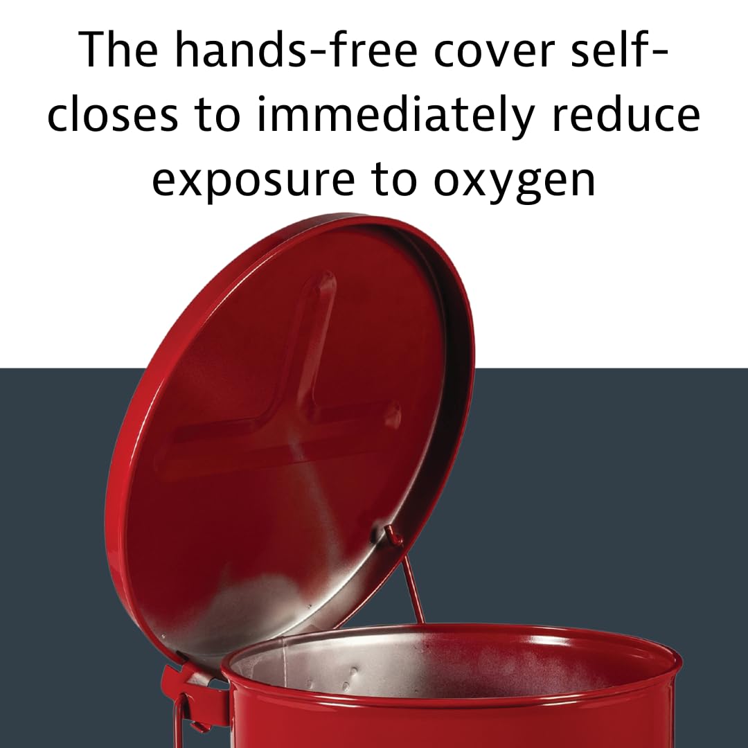 14 Gallon Justrite Galvanized Steel Oily Waste Can, 20" x 16" Metal Oil Rag Safety Can with Foot Operated Self-Closing Lid for Oil Rag Disposal, Made in The USA, Red, 09500