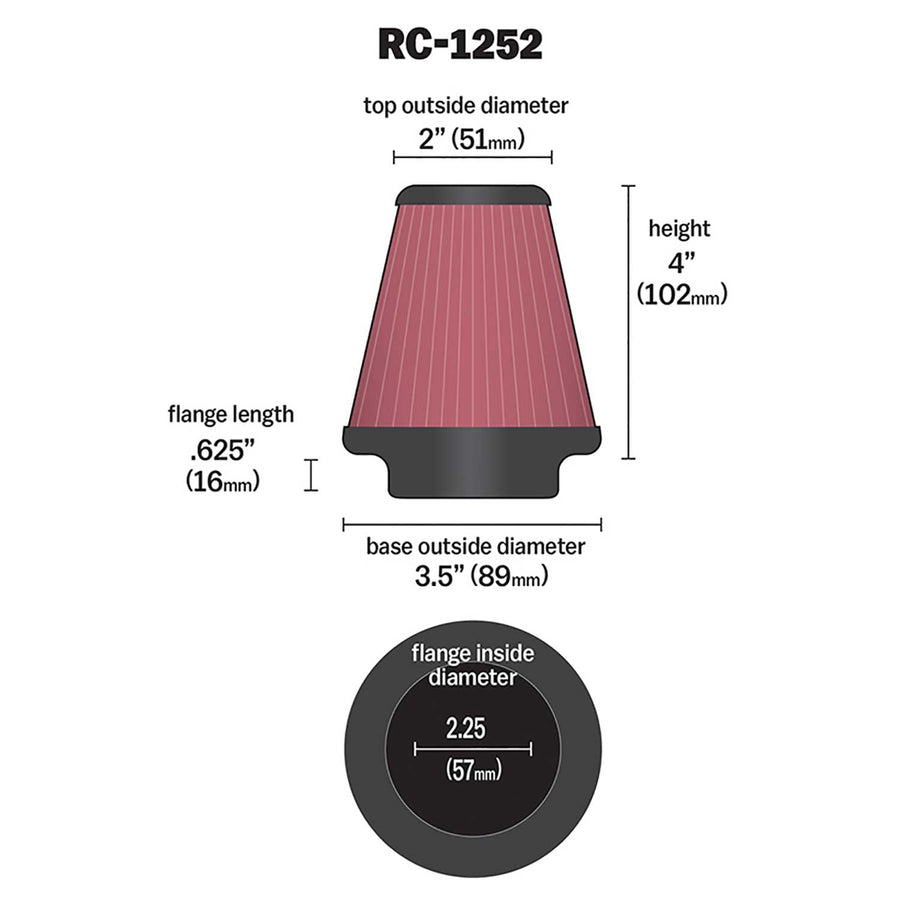 K&N Original High-Flow Lifetime Universal Clamp-On Air Filter: High Performance, Premium, Washable: Flange Diameter: 2.25 In, Filter Height: 4 In, Flange Length: 0.625 In, Shape: Round Tapered,RC-1252