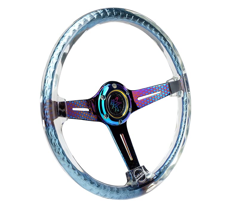 NRG Innovations Reinforced Steering Wheel NRG-RST-027GM-CL 350mm 2" Deep Dish Clear Acrylic Steering Wheel in Clear and Geometric NeoChrome Spoke Finish with Slits