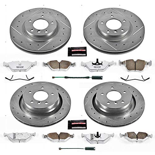 Power Stop K4229-26 Z26 Carbon Fiber Brake Pads Front and Rear with Drilled & Slotted Brake Rotors Kit and 1 Front & 1 Rear Sensor Wires For BMW M3 1995-1999 [Model Specific]