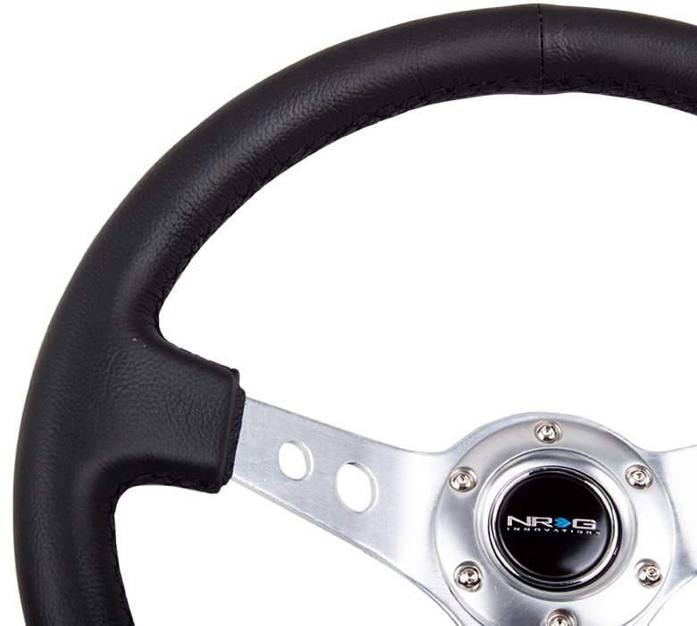 NRG Innovations Reinforced NRG-RST-006SL Steering Wheel 350mm Sport Steering Wheel (3" Deep), Silver Spoke with Round Holes, Black Leather
