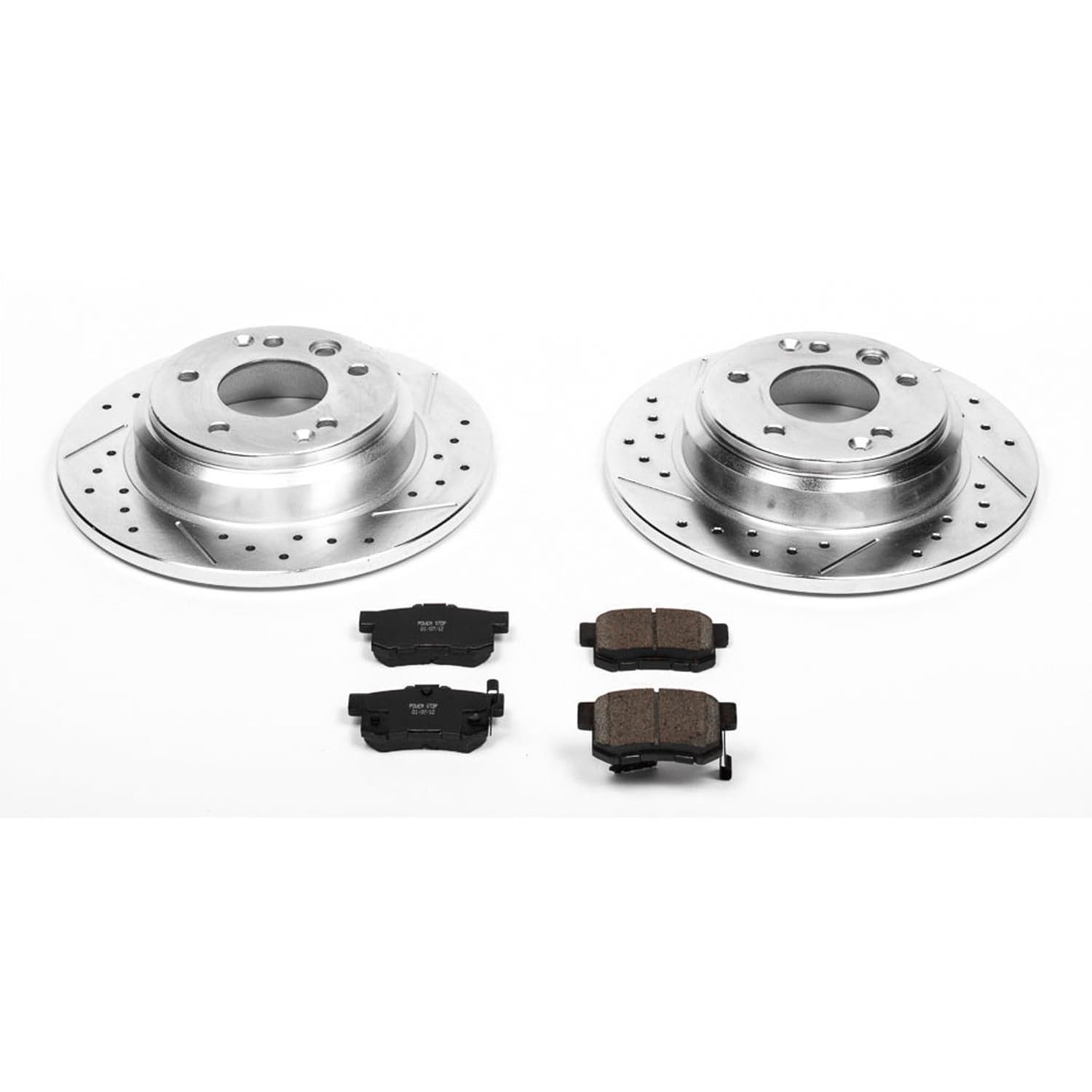 Rear Power Stop K3154 Z23 Carbon Fiber Brake Pads with Drilled & Slotted Brake Rotors Kit For Acura RL 1999-2001 [Model Specific]