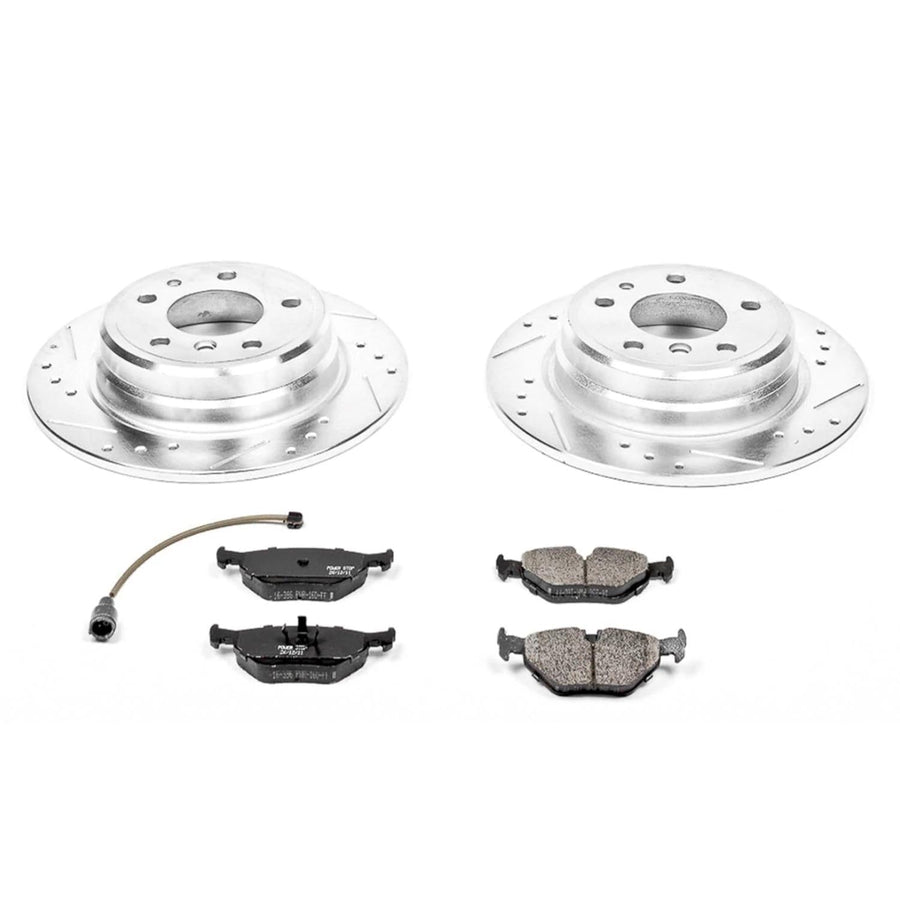 Power Stop K393 Rear Brake Pads Z23 Carbon Fiber with Drilled & Slotted Brake Rotors Kit and 1 Rear Sensor Wire For BMW 525i, BMW 5, BMW 530i, BMW 535i [Model Specific]
