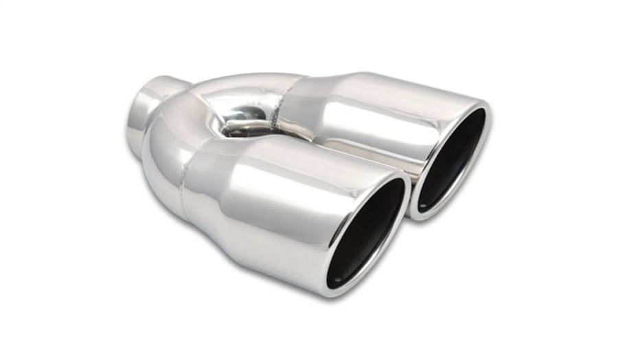 1326 Vibrant Power Exhaust Tip, Weld-On, 2.50 in. Inlet I.D, Dual 3.50 in. Outlet O.D, Double Wall, Angle Cut, Rolled Edge, 10.00 in. long, 304 Stainless Steel, Mirror Polished, each