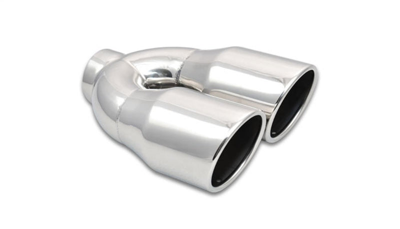 1326 Vibrant Power Exhaust Tip, Weld-On, 2.50 in. Inlet I.D, Dual 3.50 in. Outlet O.D, Double Wall, Angle Cut, Rolled Edge, 10.00 in. long, 304 Stainless Steel, Mirror Polished, each