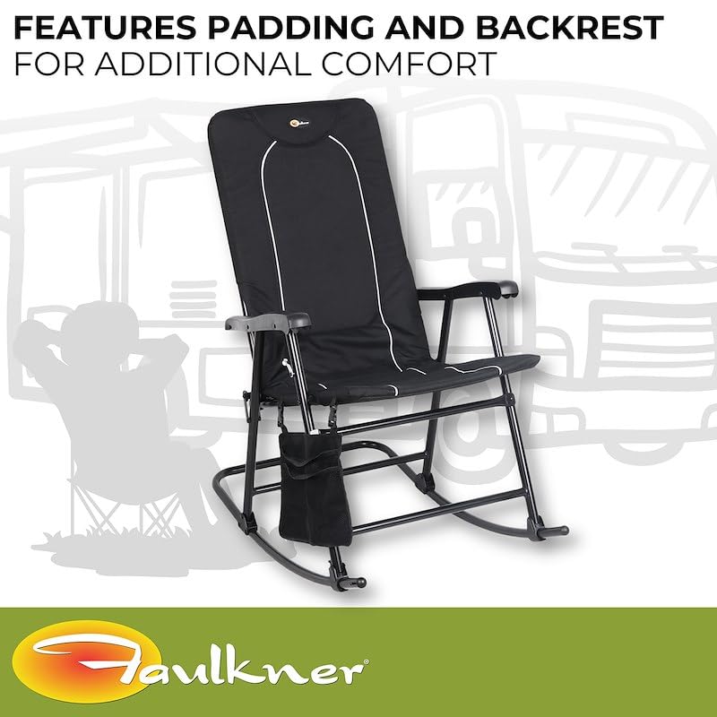 Dakota Faulkner Folding Rocking Chair Black Padded Seat and Backrest Lightweight Steel Frame Side Pouch 300 lb Capacity Foldable Outdoor Camping and Patio Chair