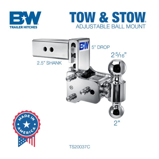 B&W Trailer Hitches Tow & Stow Chrome Adjustable Trailer Hitch Ball Mount - Fits 2.5" Receiver, Dual Ball (2" x 2-5/16"), 5" Drop, 18,000 GTW - TS20037C