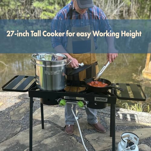 Bayou Classic DB375 Outdoor Patio Dual Burner Stove Features 13-in Tall Welded Steel Frame Dual 6-in Burners Dual 36-in Stainless Braided Hoses Designed for Large Pots up to 62-qt Capacity