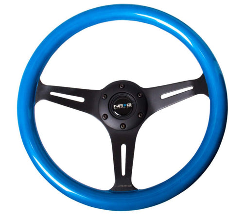 NRG Innovations Steering Wheel NRG-ST-015BK-BL - 350mm - 25mm Deep Configuration, Classic Wood Grain Wheel 3 Black Spokes Blue Pearl/Flake paint/Black Center